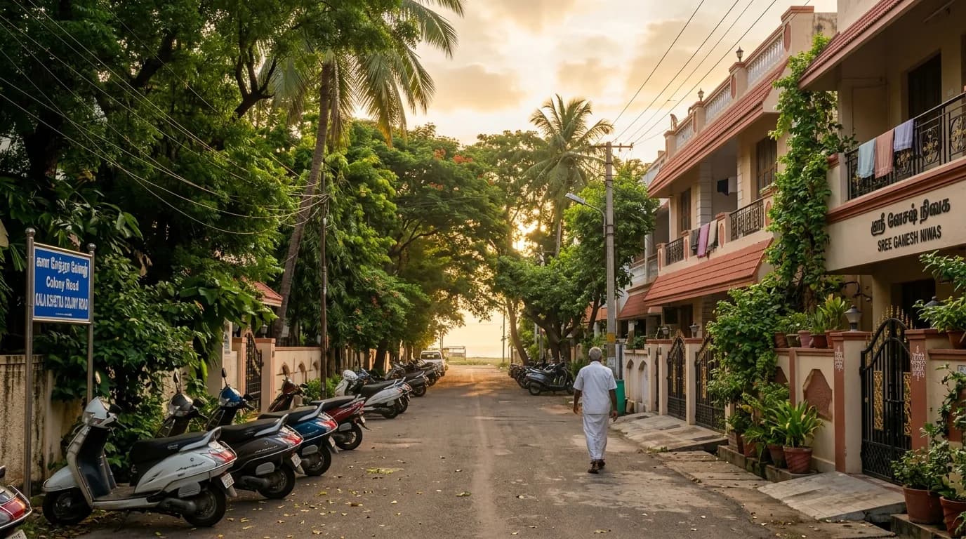 Besant Nagar tree-lined neighbourhood street near the tuition centre