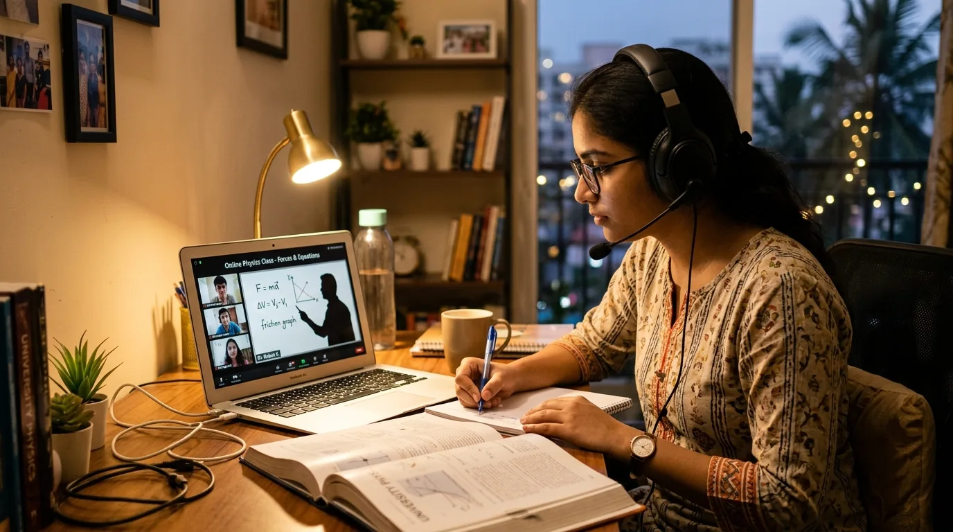 Student attending live interactive online physics tuition with laptop and headphones