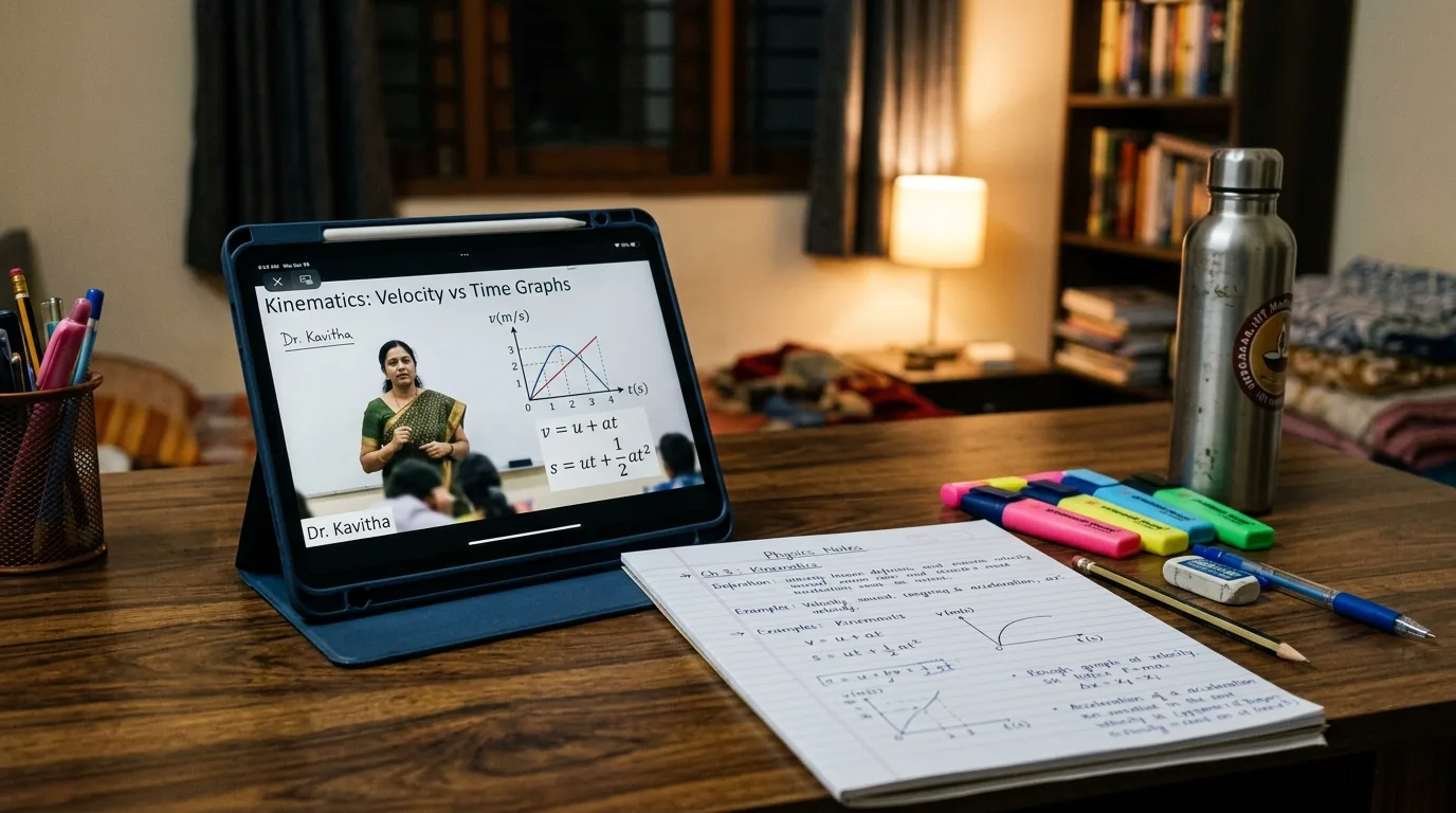 Student revising with recorded video lesson on tablet
